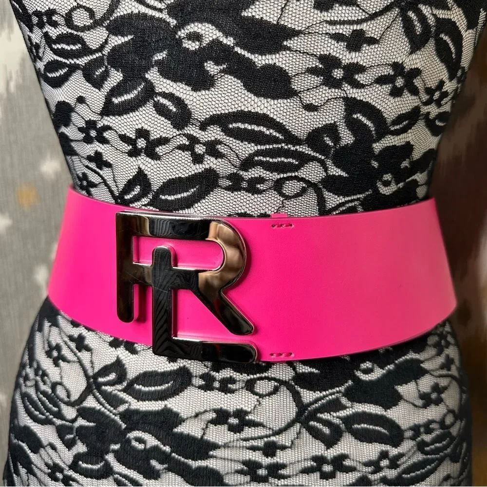 Ralph Lauren Collection Wide Stacked RL Monogram Buckle Peony Pink Calfskin Belt